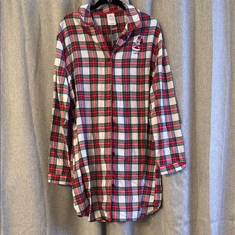 Plaid Button-Up pajama Shirt Dress with Embroidered Minnie Mouse Detail